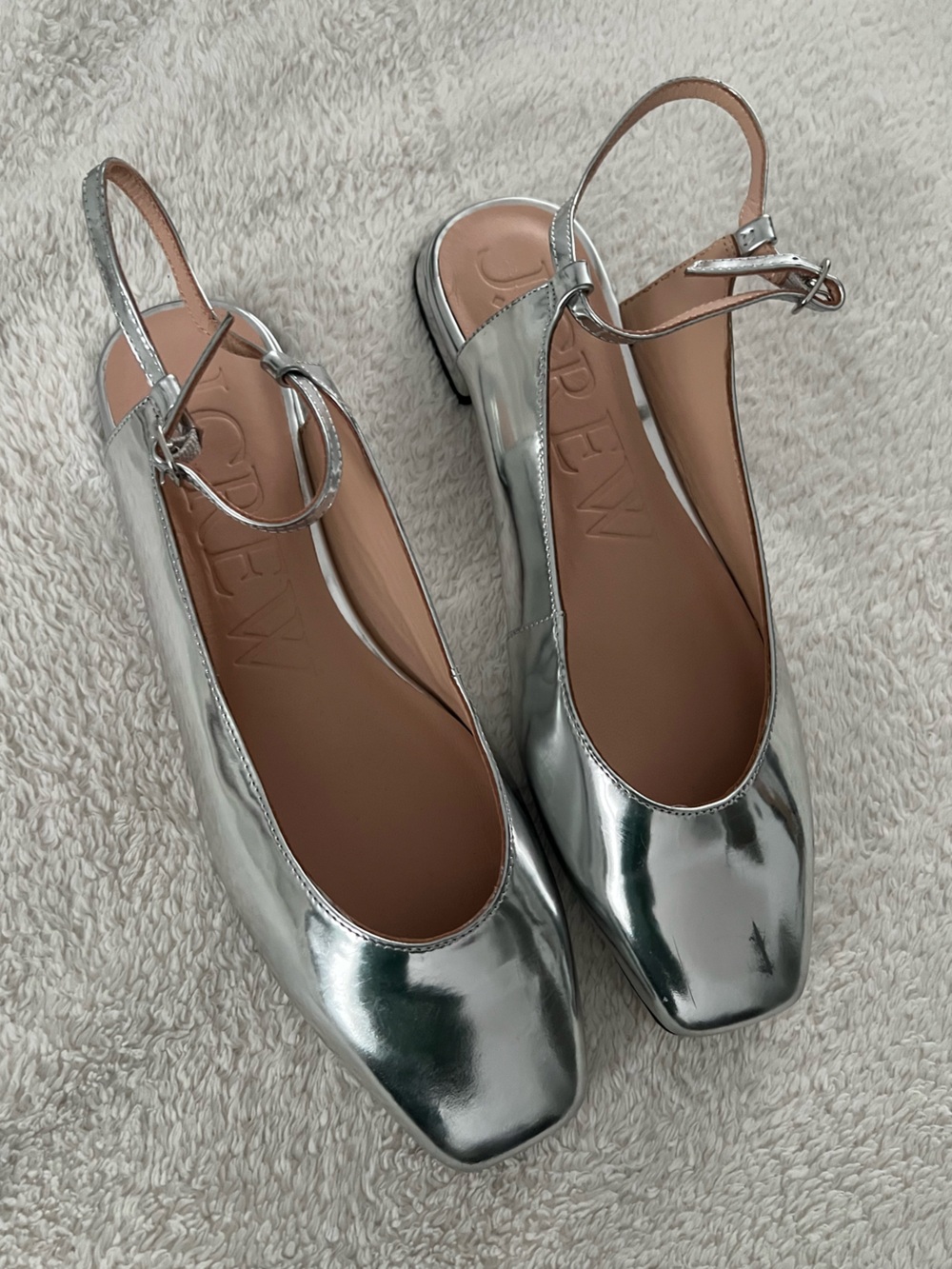 J. Crew Silver Metallic Ankle Strap Square-Toe Ballet Mary Jane Flats